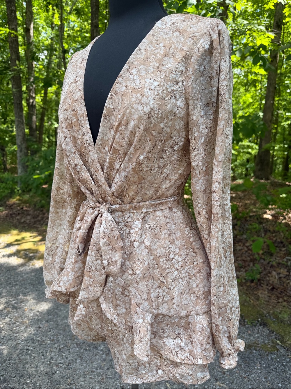 Floral Wrap Romper in Beige